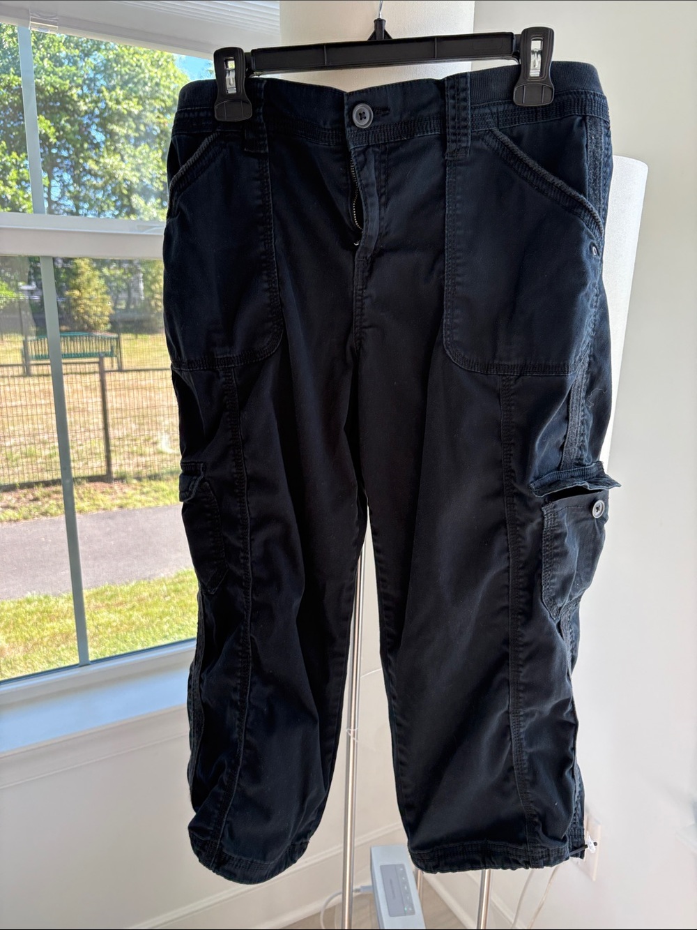 Womens Black Cargo Capri Pants with Utility Pockets